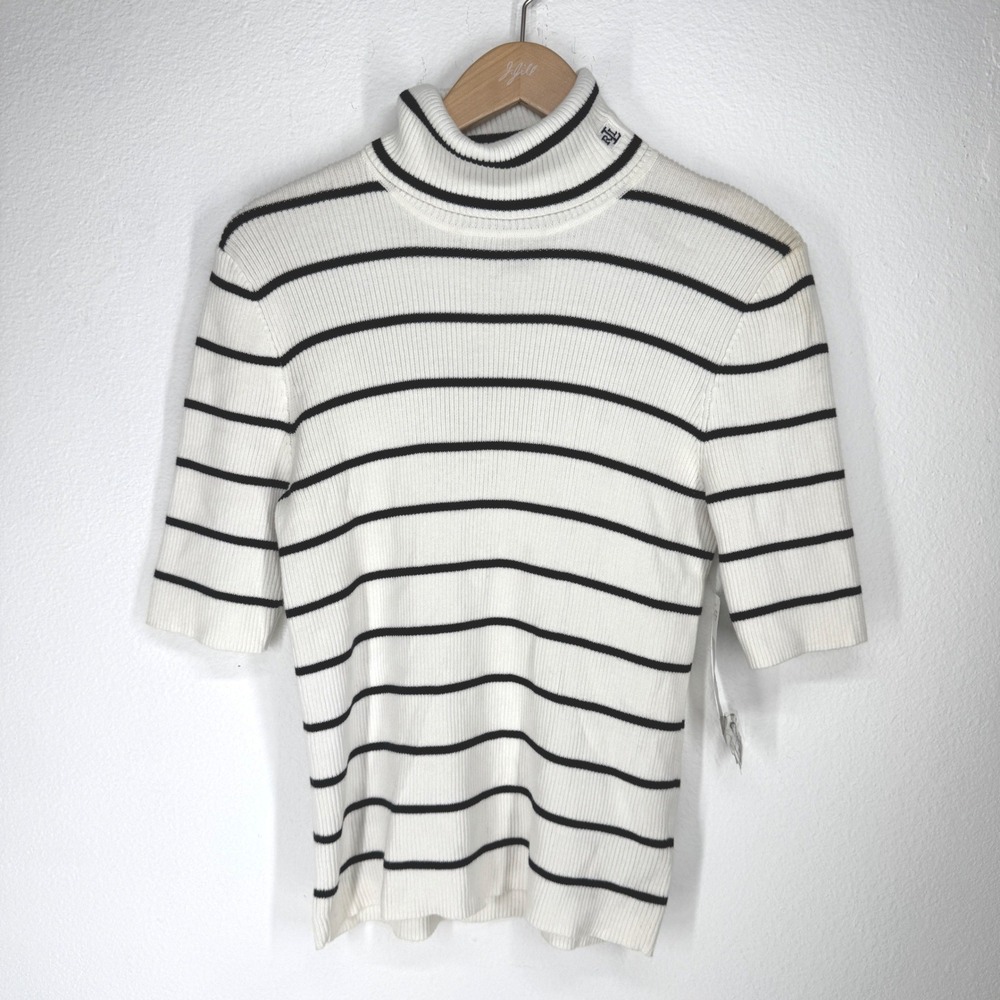 Vintage Ralph Lauren Striped Ribbed Knit Turtleneck Top Medium Nautical Preppy